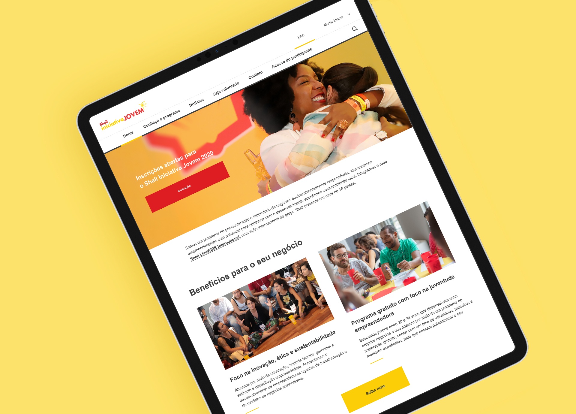 Shell Iniciativa Jovem, imagem de capa do projeto que mostra uma das telas do site em um tablet